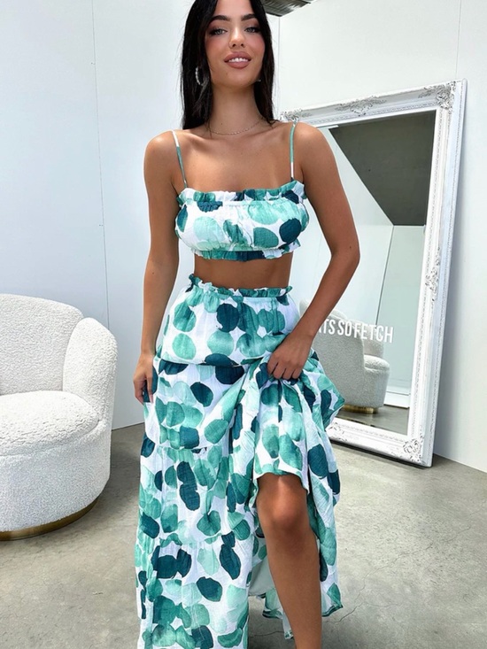 Thats So Fetch Dresses & Skirts - Green Leaf-Print Maxi Skirt — Coordinated Set
